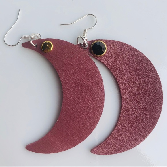 Vegan Leather Earrings Moons 925 Silver Brown New - Picture 4 of 4